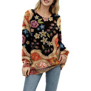 Women Christmas Sweater Graphic Print Oversized Pullover Floral 174 Loose Top